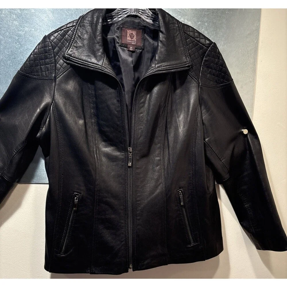 "Anne Klein Coat" Moto Jacket 2X Black 100% Leather Quilted Shoulders Full Zip - Picture 6 of 16
